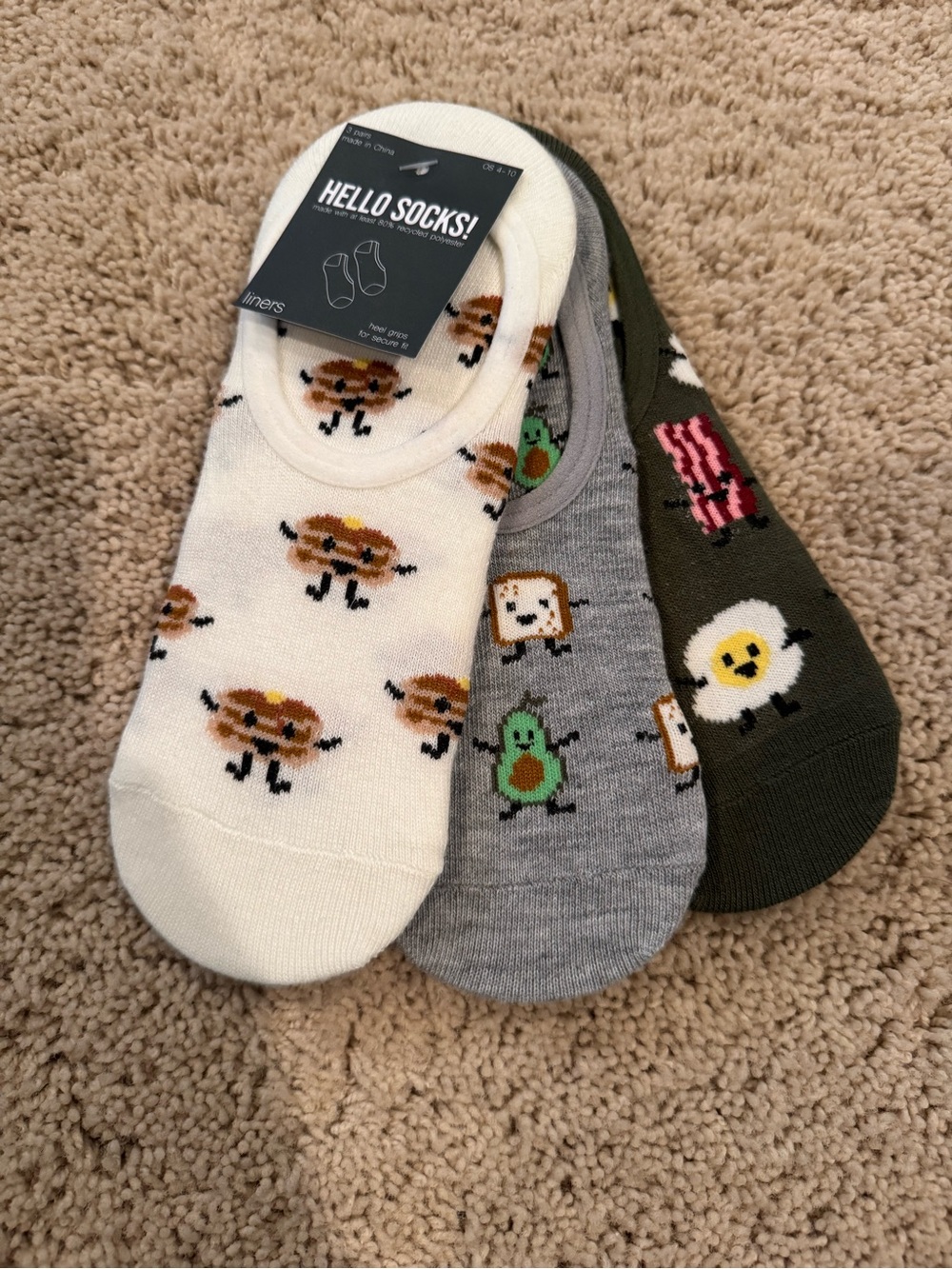 No-Show Sock Trio - Breakfast Characters (Cream, Gray, Olive)
